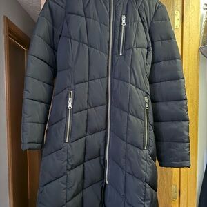 Calvin Klein Women's Winter Black Quilted Long Coat W/Fur Lined Hood